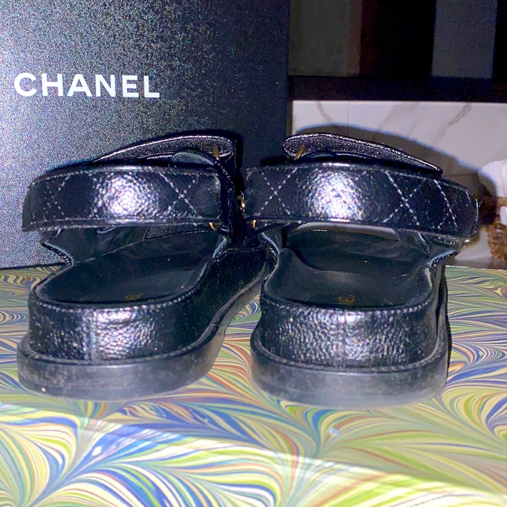 CHANEL “Dad” Sandals - Black Caviar Quilted Leather - Picture 5 of 6